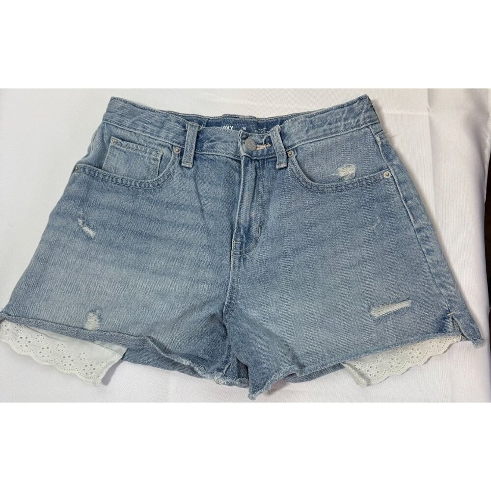 Old Navy Girls‎ High Rise Light Wash Lace Trim Jean Shorts 16 Adjustable Waist